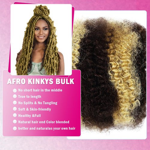 Afro Kinkys Bulk Human Hair For Braiding 18 inch Highlight 4/27 Afro Kinky Curly 100% Real Human Hair Bulk for Dreadlocks Mini Twist Crochet Braids Hair Extensions 50g/pack
