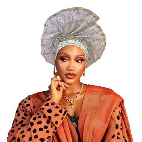 Nigerian headwear African headscarf,Auto Gele headband,hand wrap beaded - made for weddings parties events (White)