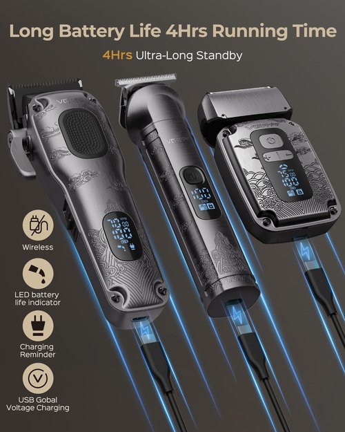 Vgrpro Hair Clippers & Trimmers Set for Men Professional, Waterproof Electric Razor Foil Shaver for Men Face Beard, Cordless for Hair Cutting, 4-Speed Setting, LED Battery Display, Barber or Home Use
