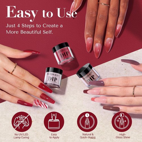 AZUREBEAUTY Dip Powder Starter Kit - Brown Red Glitter | 6 Colors for DIY French Nail Art