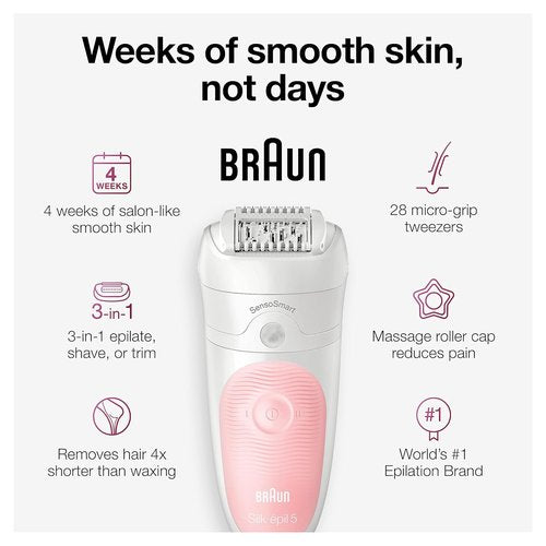 Braun Silk-épil 5 Epilator - Cordless Hair Removal Device for Women | Wet & Dry, 6-Piece Set
