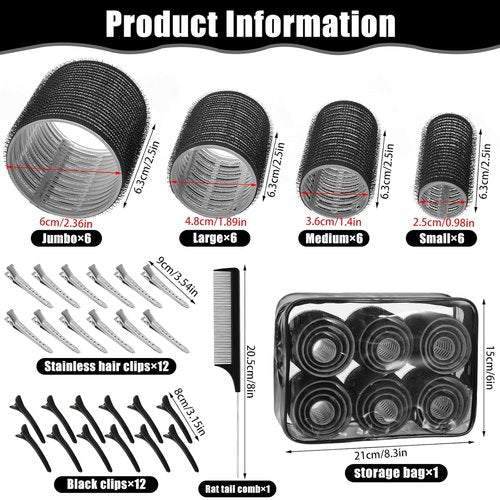 Self-Grip Hair Rollers by [Brand Name] - 50 Pcs Jumbo Curlers for All Hair Types | Includes Clips, Black