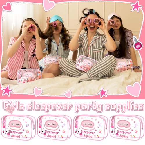 Aliceset 8 Pcs Sleepover Party Supplies Sleepover Squad Makeup Bags Slumber Birthday Party Favors Spa Squad Cosmetic Bag Spa Stuff Waterproof Toiletry Pouches Overnight Decorations(Pink)
