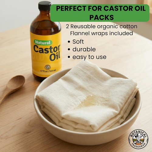 Skiennix Organic Castor Oil Kit - 100% Pure Cold Pressed, Hexane Free | 17oz Glass Bottle with 2 Reusable Cotton Flannel Wraps & Applicator for Eyelashes, Eyebrows, Skin, Navel