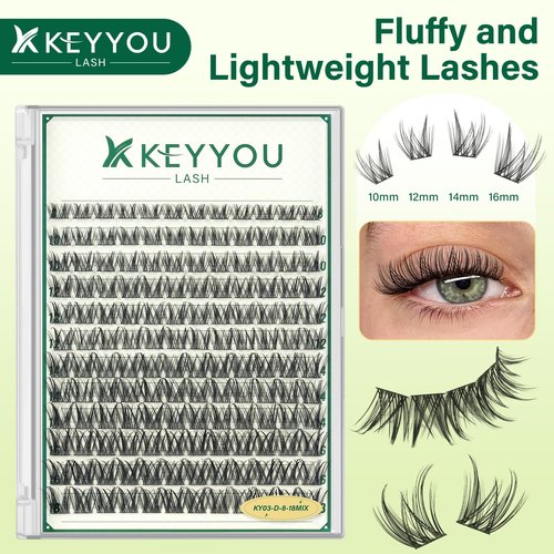 KEYYOULASH Lash Clusters Manga Lash Extension D Curl 120pcs 8-18mm Wispy Eyelash Clusters Natural Volume Eyelash Extensions Individual Lashes DIY at Home(KY03,D-8-18MIX)