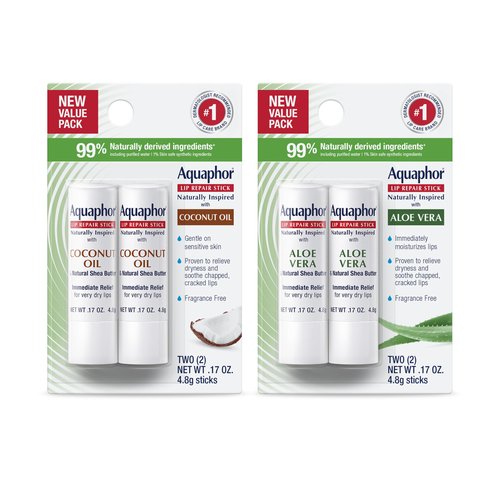 Aquaphor Naturally Inspired Lip Repair Stick Four (4) Pack with Shea Butter, Lip Balm Set, Coconut Oil, Two (2) 0.17 Oz + Two (2) Aloe Vera, 0.17 Oz