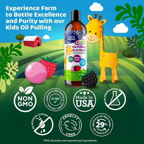 GuruNanda Kids Oil Pulling, Alcohol-Free Mouthwash, Essential Oils & Vitamins for Fresh Breath & Happy Gums for Ages 6 & up, Natural Bubble Berry, 8 Oz