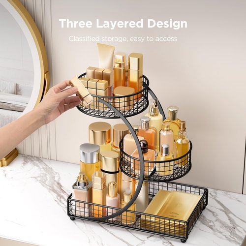 HBlife Makeup Organizer for Vanity, 3 Tier Metal Bathroom Countertop Organizers Skin Care Storage, Bathroom Counter Shelf Skincare Holder Perfume Cosmetic Display, Black