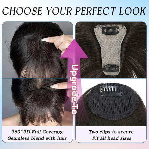 Carendia Bangs Hair Clip Human Hair Natural Black French Bangs for Women Fringe with Temples Hairpieces (Brown Black, 3D Bangs)