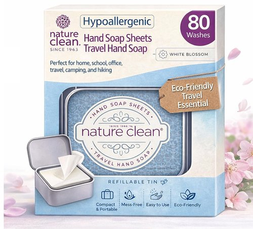 Nature Clean travel hand soap sheets for traveling - non-toxic, hypoallergenic, mini biodegradable paper soap sheets for travel, dissolvable portable soap for camping essentials refill - 80 units