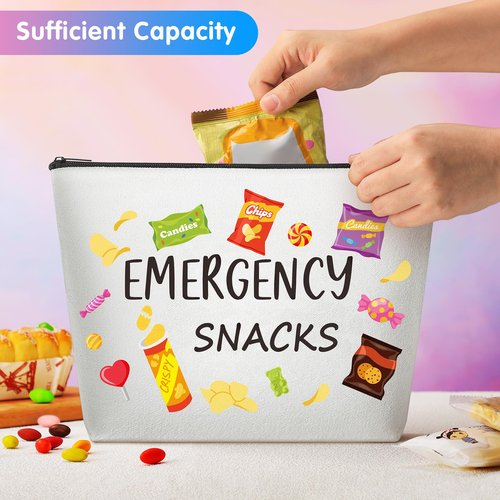 Reginary 12 Pcs Emergency Snack Bags Bulk Food Makeup Bag Foodie Zipper Cosmetic Pouch Reusable Emergency Snack Pouch for Women Girls Trip Gifts Favors School Work Travel Organizer