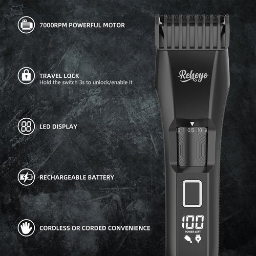 REHOYO Beard Trimmer for Men - Professional Cordless Hair Clippers with 20-Length Dial | Waterproof Stainless Steel Blades in Black