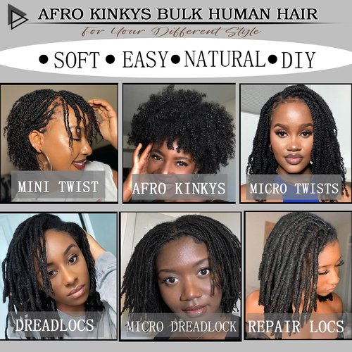 Haftaluv Afro Kinkys Bulk Human Hair 12 Inch 100g Nature Black Afro Kinky Curly Human Hair Bulk for Dreadlock Extensions, Micro Locs, Braiding Twists, Braids and Repair Locs(12 Inch, 1b#)
