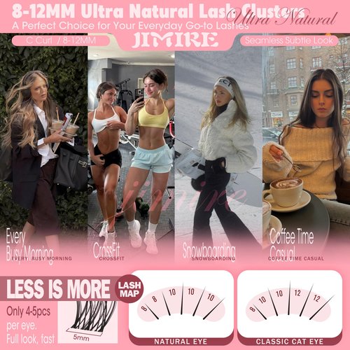 Natural Lash Clusters 8-12MM Short Eyelash Clusters Wispy Lashes Clusters with Clear Band C-Curly Cluster Eyelash Extensions 120Pcs DIY Lash Extensions at Home by JIMIRE