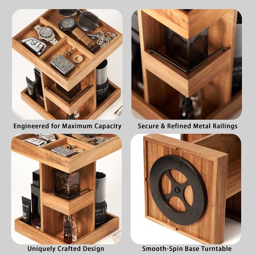 Cologne Organizer for Men, Solid Acacia Wood 3-Tier Rotating Stand - Natural Grain Bathroom & Vanity Organizition for Perfume & Skincare, Premium Desk Decor, Unique Birthday Gifts