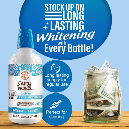GuruNanda Oxyburst Teeth Whitening Mouthwash – Alcohol & Fluoride Free, with Hydrogen Peroxide & 7 Essential Oils, Value Size for Regular Use, Wild Mint, 1 Liter/33.8 fl oz
