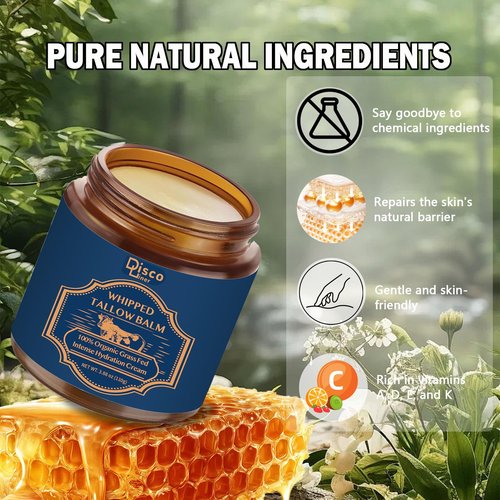 100% Grass Fed Whipped Beef Tallow Balm, Ultra Moisturizing Skin Cream for Face, Body Hands, Natural Skincare with Honey Coconut Oil Olive Oil and Avocado Oil for All Skin (1)