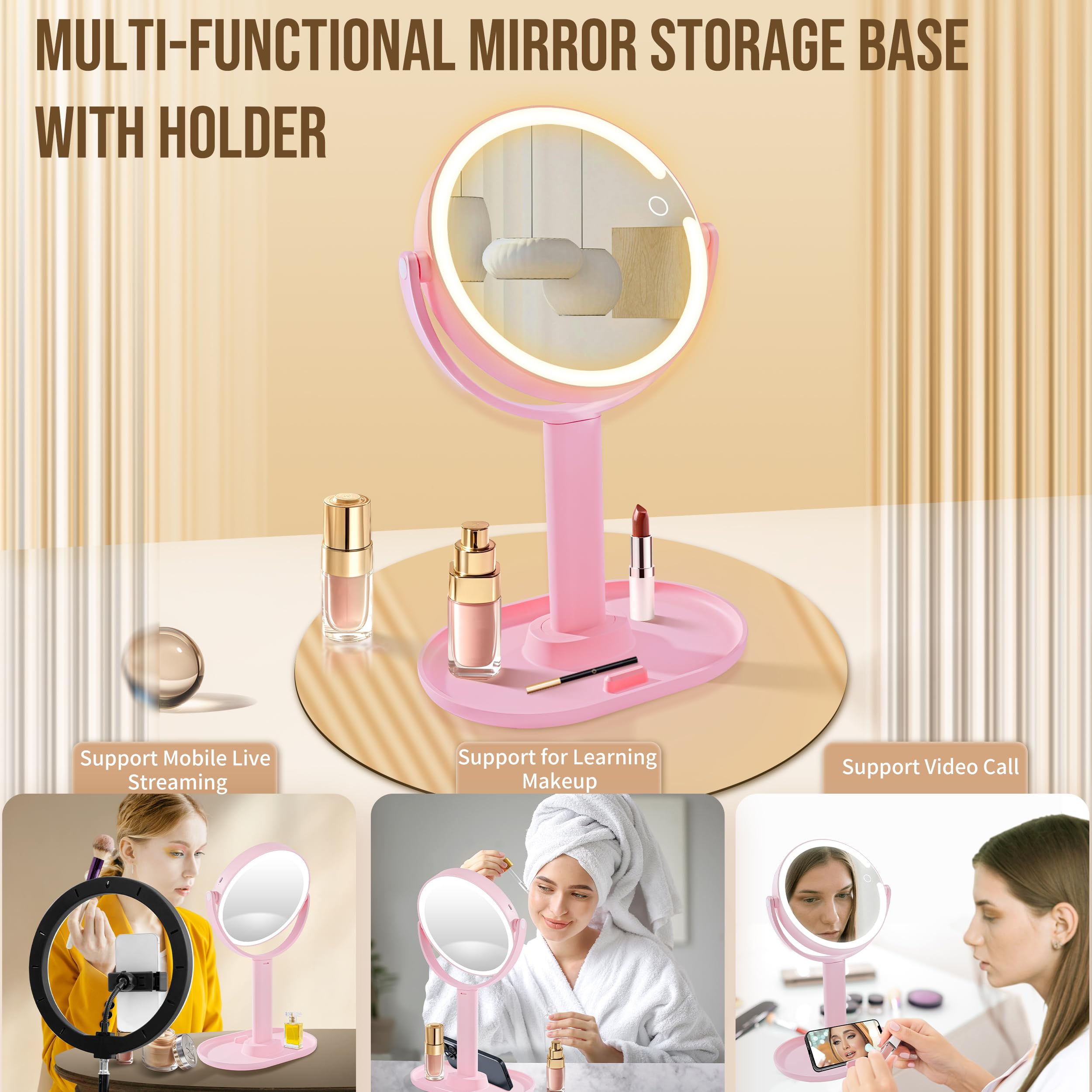 vpu Vanity Makeup Mirror with Lights, 10X/1X Double Sided Magnifying Light up Desk Mirror with Stand Cosmetic Organizer, 3 Color Brightness Adjustable 360° Rotation Detachable for Travel