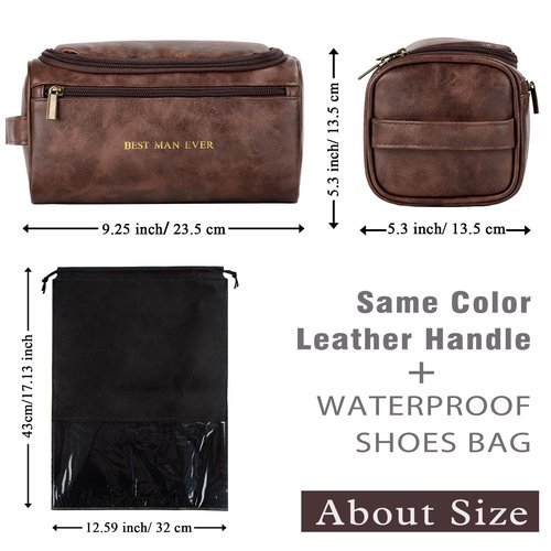 Flycalf Mens Toiletry Travel Bag Customized Mens Leather Toiletries Grooming Bag for Men Shaving Bag Hanging Water Resistant Organizer (Coffee)