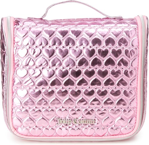 Juicy Couture Pink Makeup Bag - Shiny Puffer Heart Organizer with Hanging Hook for Travel Essentials