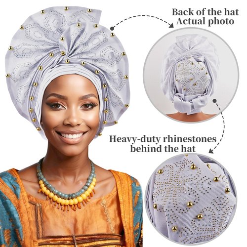 Nigerian headwear African headscarf,Auto Gele headband,hand wrap beaded - made for weddings parties events (White)