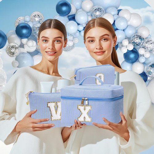 Personalized Monogram Makeup Bag, 3PCS Custom Monogrammed Toiletry Cosmetic Bag for 6-18 Teen Girls Women,Birthday Graduation Gifts Initial Pouch Makeup Bags for Women Girls, Make Up Bag (A, Blue)