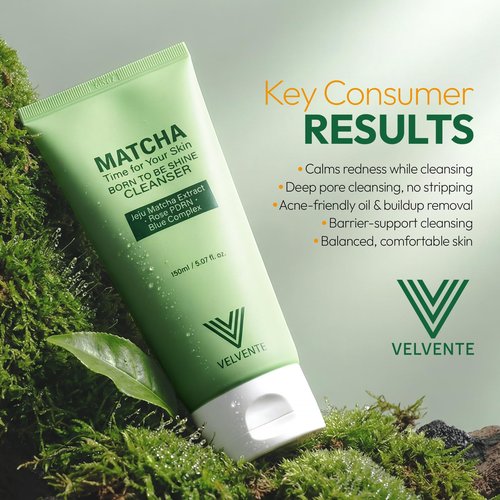 VELVENTE Matcha Gentle Facial Cleanser, Green Tea Low-pH Face Wash for Pore Refining Cleanser, Rose PDRN Hydrating Daily Facial Wash Acne Prone & Sensitive Skin Friendly, Korean Skincare(5.07 fl.oz.)