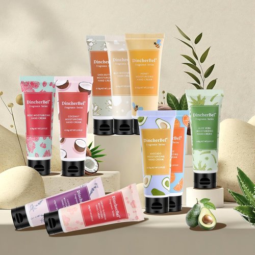 DincherBel Hydrating Hand Cream Set - 10 Travel Size Non-Greasy Lotions for Dry Skin | 1.0 oz Each