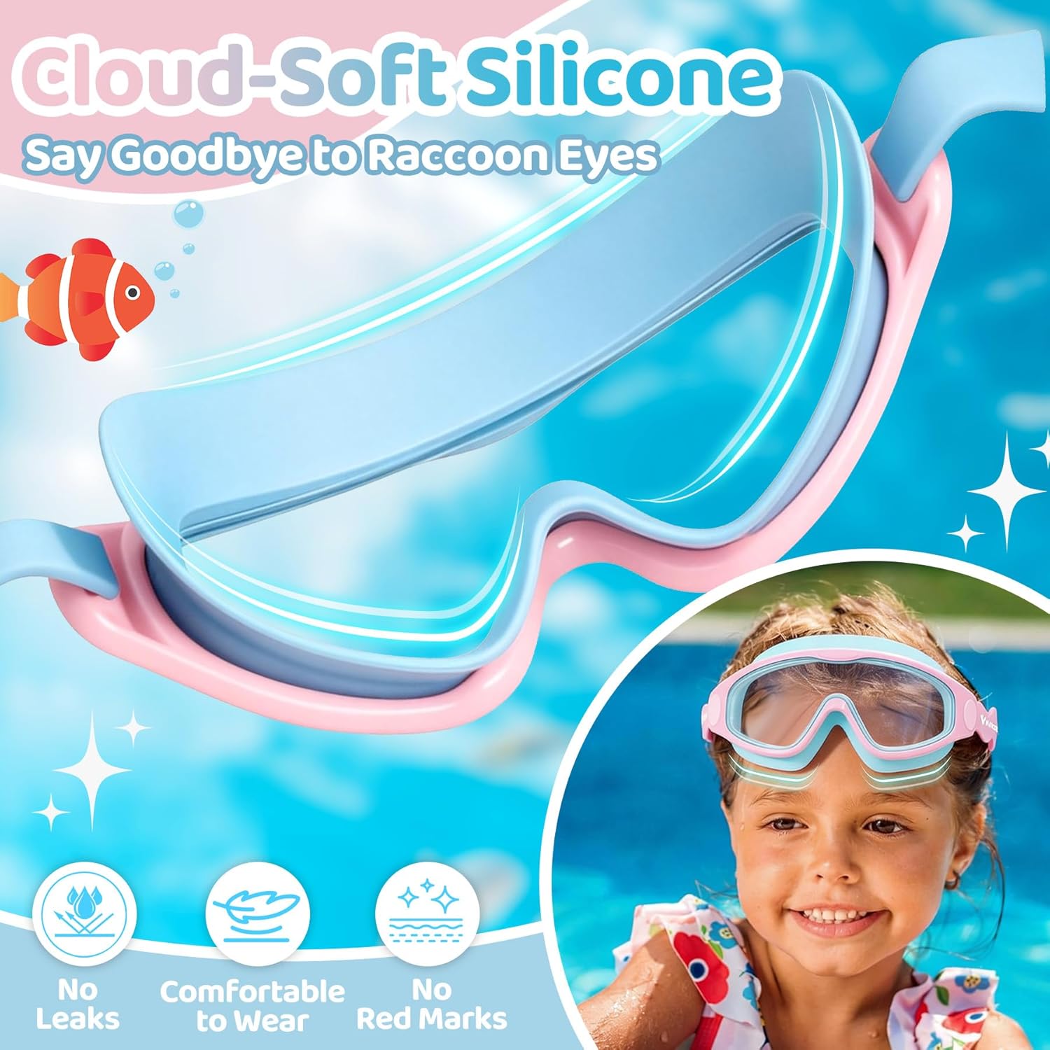 Vvinca Kids Swim Goggles - Soft Wave-Shape Strap, Anti-Fog & Leak-Free | 2 Pack for Ages 3-15