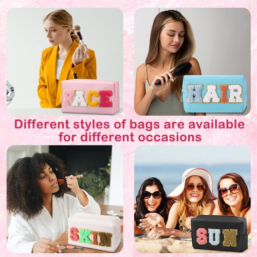 LYOOmaLL 4 Pcs Chenille Letter Preppy Patches Makeup Bag with Zipper PU Leather Waterproof Stoney Clover Makeup Bag Hair Skin Face Stuff Bag for Women, Girls