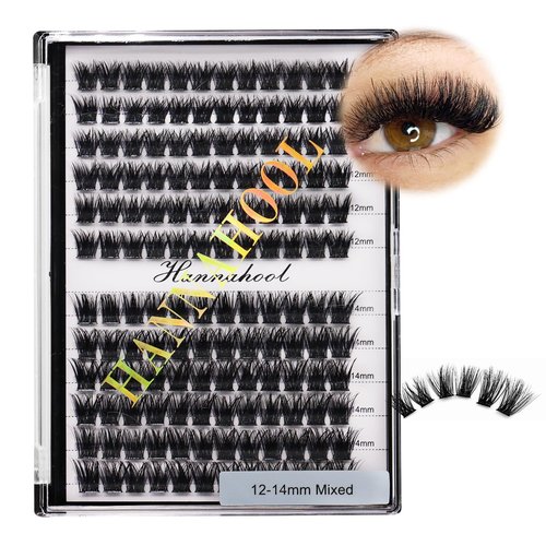 Hannahool 12rows-Large Tray Mixed 8-10-12-14-16mm/Mixed 14-15-16mm/Mixed14mm-16mm/Mixed 18-20mm Wide Stem Individual False Eyelashes Dramatic Black Cluster Eyelashes (Lashes Kit-12-14MM)