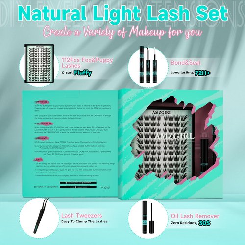 Manga Lash Clusters Kit DIY Left Right Eyelash Extensions Kit C Curl Lashes Cluster with Lash Bond and Seal Waterproof,Lash Remover,Lash Applicator Tool For False Lashes Extension(Fox&Puppy Kit)