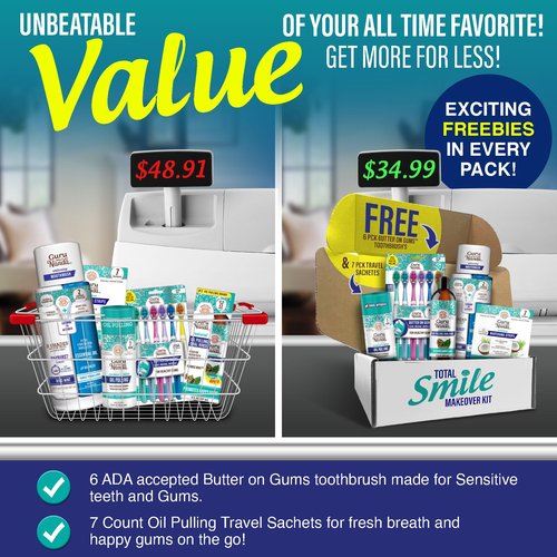 GuruNanda Total Smile Makeover Kit Regular with Cocomint Oil Pulling, Dual Barrel Whitening Mouthwash, Whitening Strips & Butter on Gums Toothbrushes