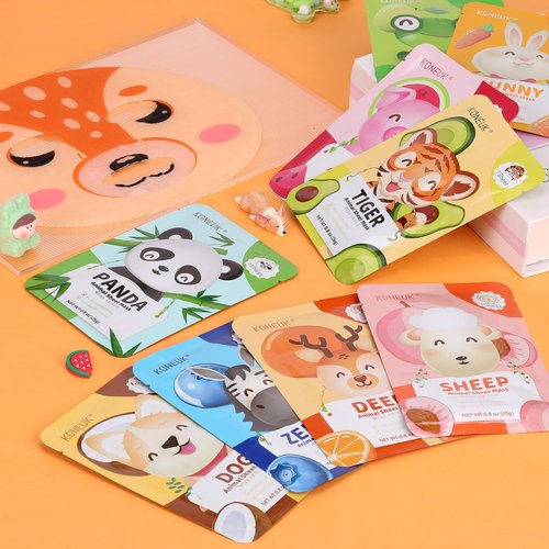 KONEUK 9 Pack Animal Face Masks Skincare for Kids, Bulk Sheet Hydrating Face Mask for Kids Skin Care, Collagen Face Mask for Teens Women, Valentines Day Gifts, Spa Party Gifts for Teen Girls