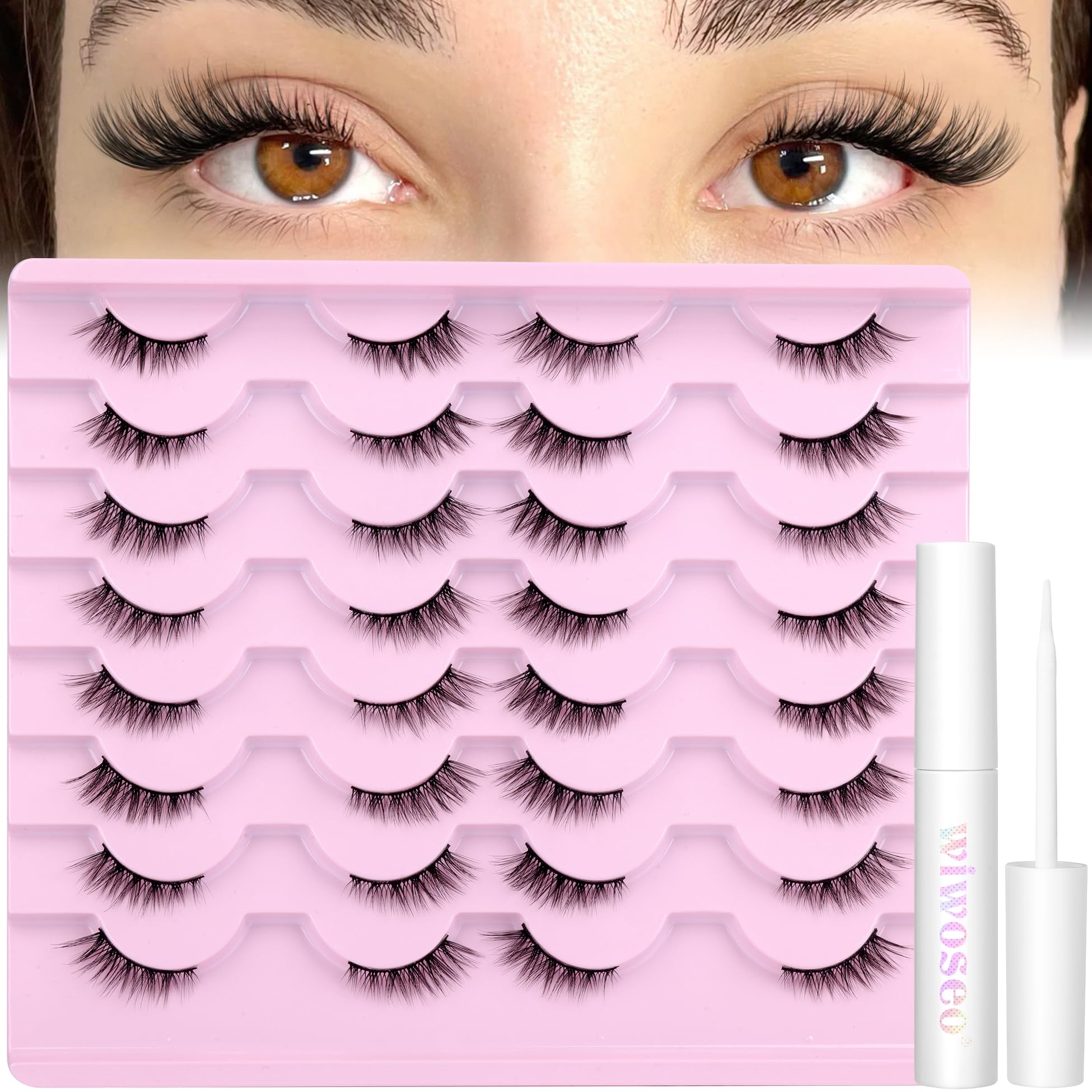 wiwoseo Half Lashes Natural Eyelashes with Glue Cat Eye Lashes Natural Look False Eyelashes with Lash Glue Pestañas Postizas Naturales Half Eyelashes Kit with Clear Eyelash Glue 16 Pairs