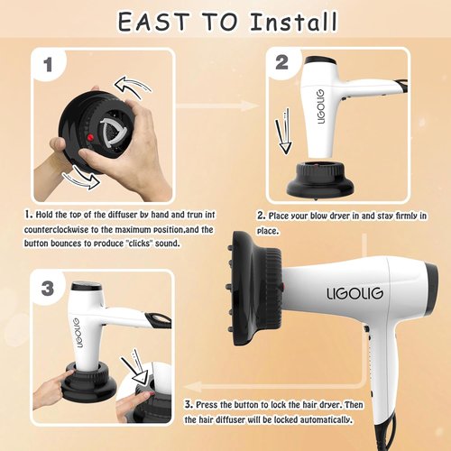 LIGOLIG Hair Diffuser Attachment - Universal Diffuser for 1.4" to 2.4" Blow Dryers | Perfect for Curly & Wavy Hair - Black