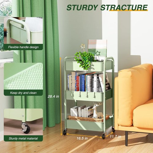 LEHOM 3-Tier Rolling Storage Cart - Metal Utility Trolley with Wheels & Hooks for Easy Organization