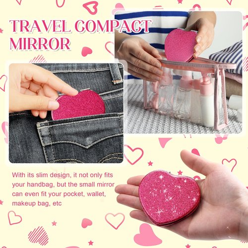 Briwooody 4 Pcs Valentine's Day Heart Compact Folding Mirror Mini Vanity Mirror Double Sided Cute Glitter Cosmetic Gift Portable Travel Magnifying Makeup Supplies for Women Mom Home(Rose Red)