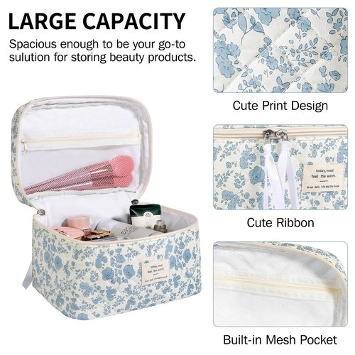 senbowe Large Quilted Makeup Bag, Cotton Floral Cosmetic Bag for Women, Cute Coquette Aesthetic Makeup Bag Toiletry Bag, Travel Make Up Organizer Bag with Zipper and Ribbon (Pink-green Floral)