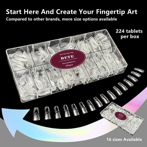 BETE Medium Almond Clear Acrylic Nail Tips–224Pcs 16 Sizes with Half Sizes, Tipex Instant Apex Full Cover False Nails, Pre-Shaped Strong Thick Press On Nails for Home & DIY Manicure