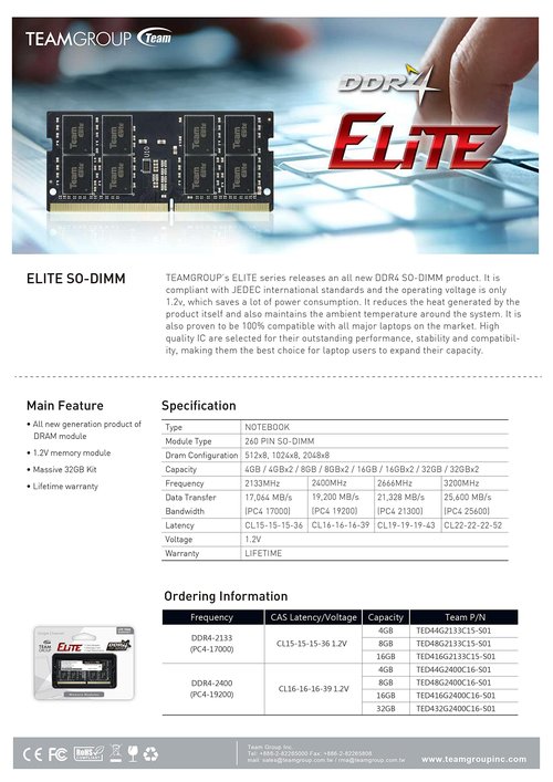 TEAMGROUP Elite DDR4 8GB Single 2666MHz PC4-21300 CL19 Unbuffered Non-ECC 1.2V SODIMM 260-Pin Laptop Notebook PC Computer Memory Module Ram Upgrade - TED48G2666C19-S01
