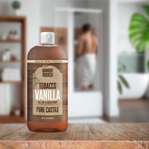 BAMBOO AND BIRCH Pure Castile Soap Liquid, Certified Palm Oil Free Natural Soap, Tobacco Vanilla, 32 oz