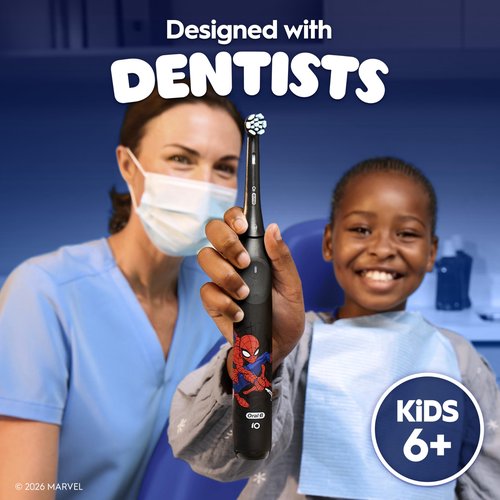 Oral-B iO Kids Limited Rechargeable Electric Powered Toothbrush, Spiderman with 1 Gentle Care Brush Head - Automatic Pressure Sensor to Protect Gums - 3 Cleaning Settings - 2 Min Music Timer