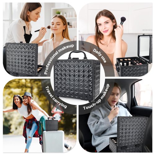 HAISKY Makeup Case, Travel Train Case with Magnetic LED Mirror, Waterproof Cosmetic Organizer with Adjustable Divider, 3 Color Mode - Sparkling Black