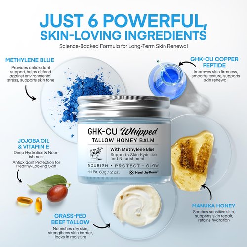 HealthyDerm Copper Peptides GHK-Cu Beef Tallow for Skin: Blue Balm with Methylene Blue, Manuka Honey & Vitamin E – Natural Face and Body Moisturizer for Mature, Dry & Sensitive Skin – 2oz