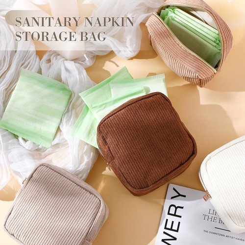 Dansydaisy 4 Pcs Sanitary Napkin Storage Bag Corduroy Period Bag for School Teen Mini Makeup Preppy Cosmetic Wallet Set for Women Teacher Portable First Period Cute Pad Pouch with Zipper