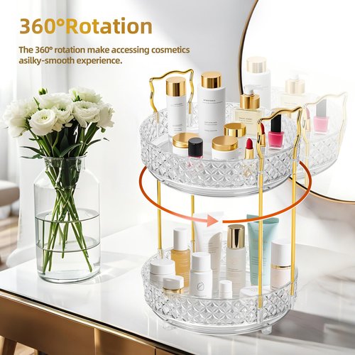 LAREKUN 360 Rotating Makeup Organizer for Vanity, 2Tier Adjustable Perfume Organizer for Dresser, Multi-Function Spinning Cosmetics Skincare Storage for Bedroom, Dresser, Countertop, Clear