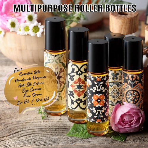 Roller Bottles for Essential Oils Roll On Bottles 8 Pack, 10ml Oil Roller Bottle Amber Thick Glass Empty with Oil Perfume Lip Gloss DIY Kits Boho Stickers Leak-Proof Refillable for Travel, Gift