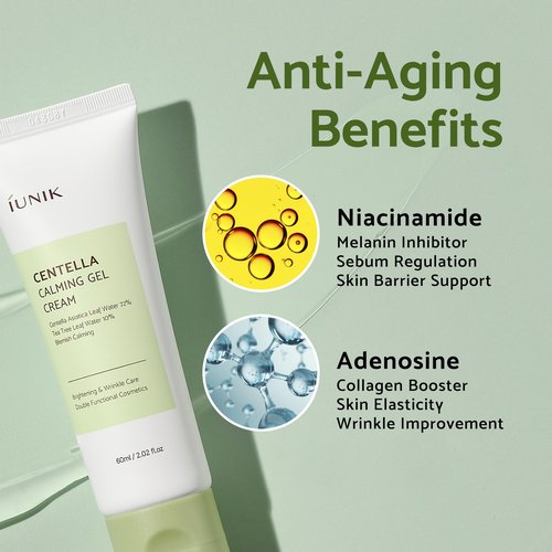 IUNIK Centella 70% Calming Gel Cream Vegan Non-Sticky Moisturizing Blemish Care w/Centella Asiatica Tea Tree 10% Soothes Acne Rosacea Oily & Sensitive Skin Korean Skincare BOGO 1+1