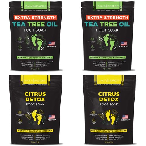 DAILY REMEDY 4-Pack Foot Soak Set - 2 Extra Strength Tea Tree Oil & 2 Citrus Detox - Made In USA - Soothes Tired Feet, Athletes Foot, Stubborn Foot Odor, Softens Calluses & Refreshes & Detoxifies